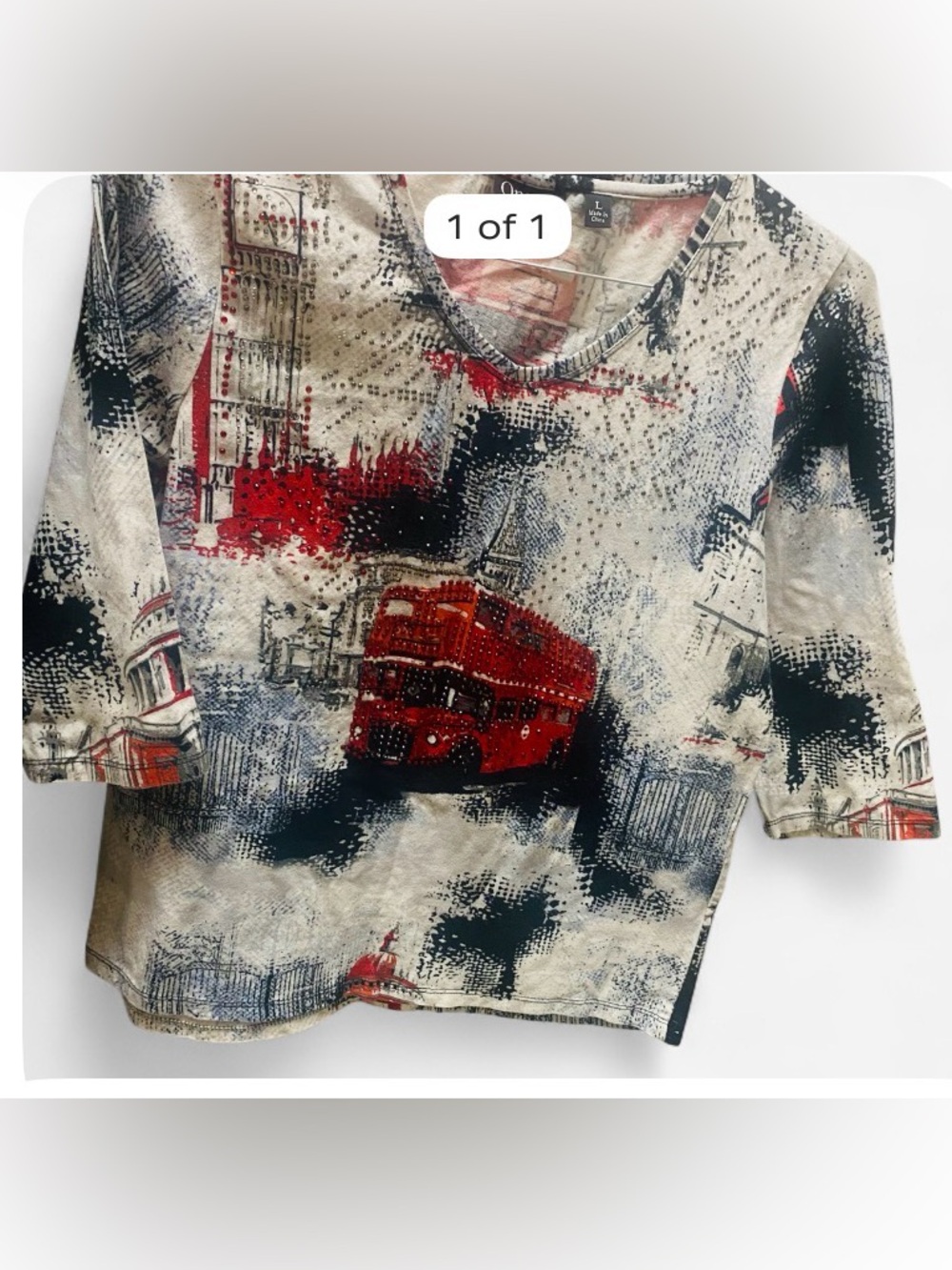 Women’s Red London Print Long Sleeve Top with Crystals L